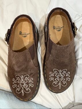 Dr. Martens Brown Suede Embroidered Slip-On Clogs with White Stitching
